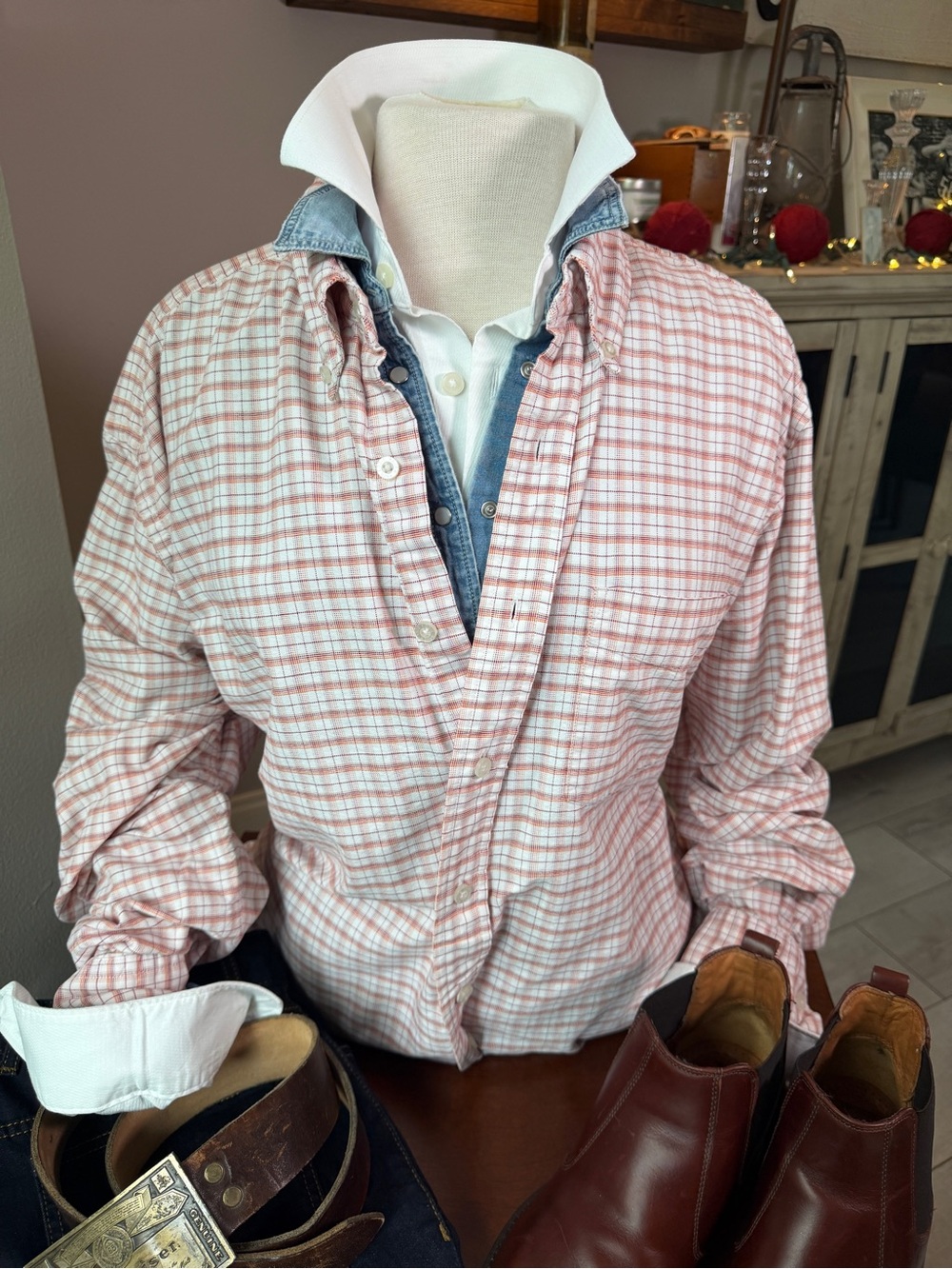 Eddie Bauer Mens XL Tall Plaid Button Down Shirt 100% Cotton Orange Red